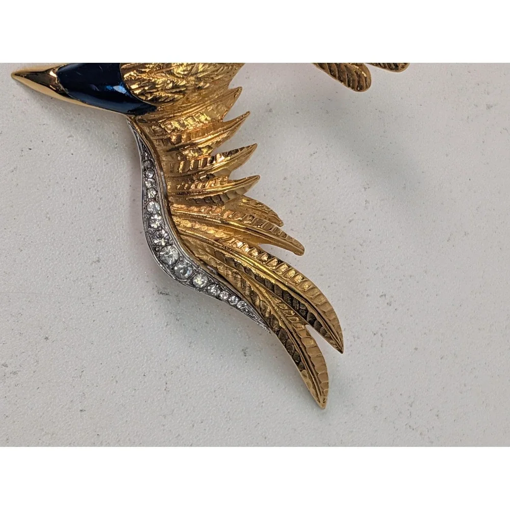 Bird Brooch Gold Tone Blue Enamel Clear Stone Wings Animal Statement Pin